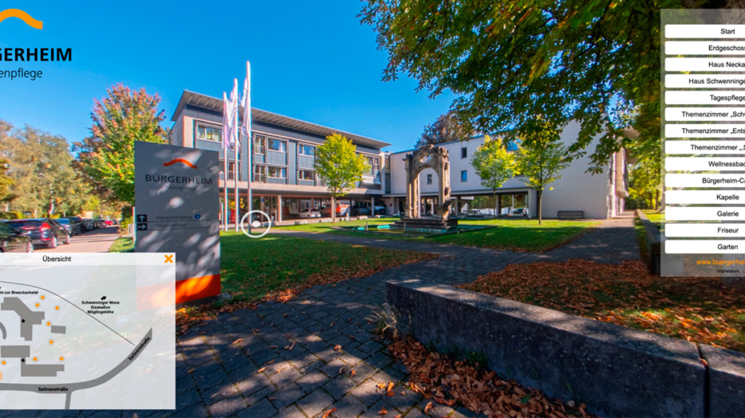 Ausschnitt des Virtuellen Rundgangs – Eingangsbereich des Bürgerheim Schwenningen mit den verschiedenen Auswahlmöglichkeiten.